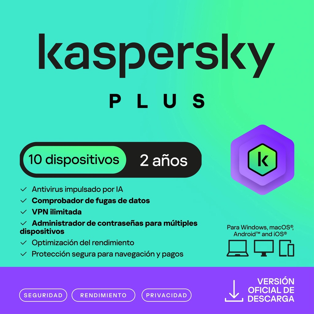 [KL1042ZDKDS] Kaspersky Plus 10 Dispositivos 2 Años (Internet Security)