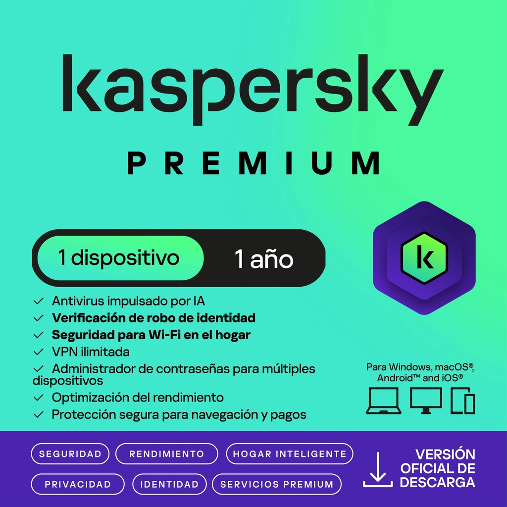 [KL1047ZDAFS] Kaspersky Premium 1 Dispositivo 1 Año Descarga Electrónica